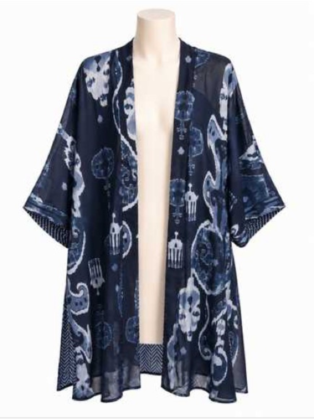 Chico's Reversible Navy Blue Abstract Open-Front Kimono
